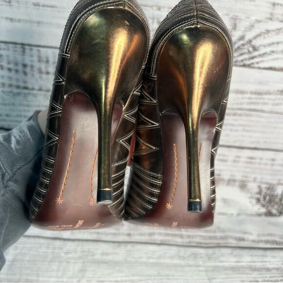 Sam Edelman 7.5 Tessa Laser Etched Heel Bronze High Heels 4" - Picture 6 of 10